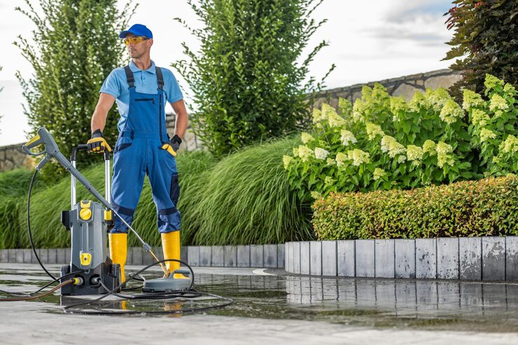 Professional pressure washing service cleaning a residential driveway in St. Paul, Alberta