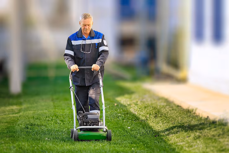 Professional yard maintenance service mowing a lush lawn in St. Paul, Alberta