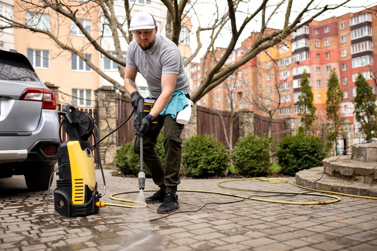 Professional pressure washing service cleaning a residential driveway in St. Paul, Alberta